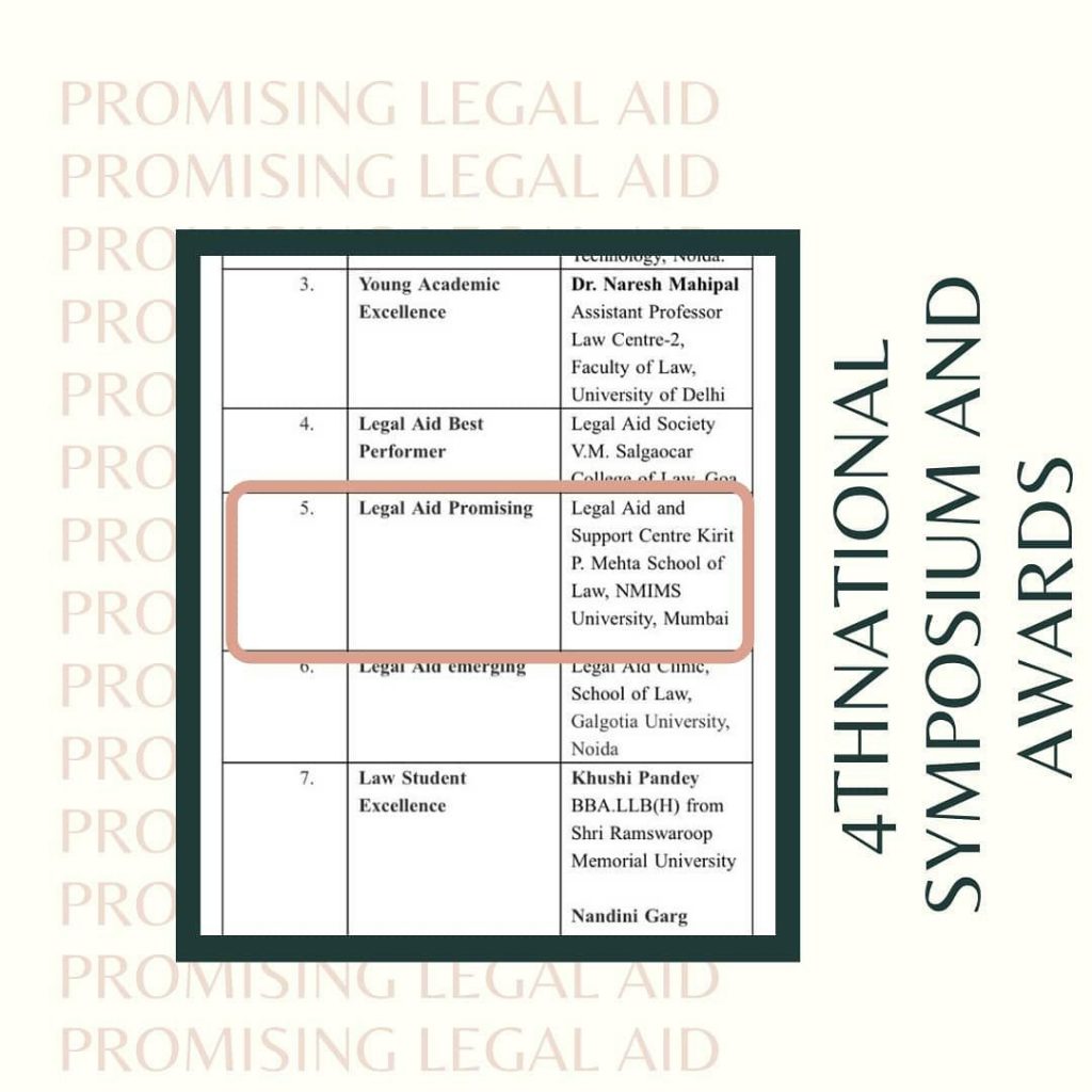 The award for the Promising Legal Aid Clinic 2020-21 was bagged by the Legal Aid & Support Centre, in the 4th National Symposium & Awards organised by the Droit Penale Group